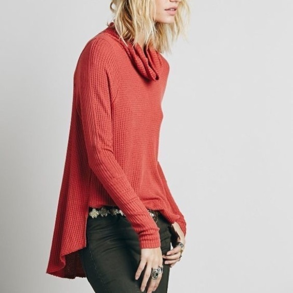 FP | WTF Waffle Knit Long Sleeve Thermal Turtleneck Mockneck High Low Tunic Top